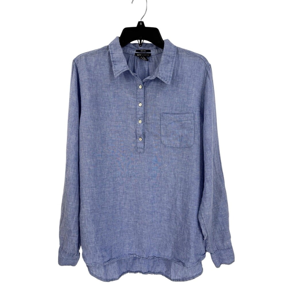 Jones New York Linen Chambray Popover Top Shirt Size XL Blue Roll Tab Sleeves